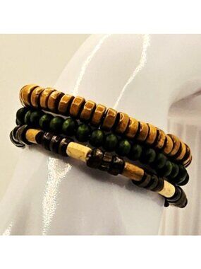 Wood Bead Bracelet Stack, Boho Stretch Bracelets, Earth Tone Layered Jewelry
